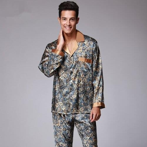 New Luxury Pajamas Men Paisley Pattern Sleepwear Silk Long-sleeved Satin Mens Pyjamas Mens Lounge Pajamas Set Plus Size 4XL
