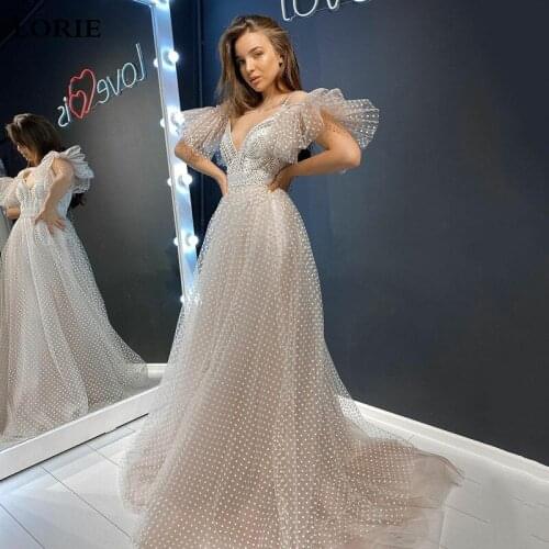 LORIE Dots Tulle Wedding Dresses Spaghetti Straps Bride Dresses Sexy V Neck Wedding Party Gowns