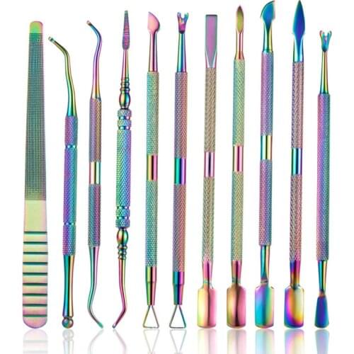 Rainbow Stainless Steel Nail Cuticle Pusher Tweezer Nail Art Files UV Gel Polish Remove Manicure Care Groove Clean Tool