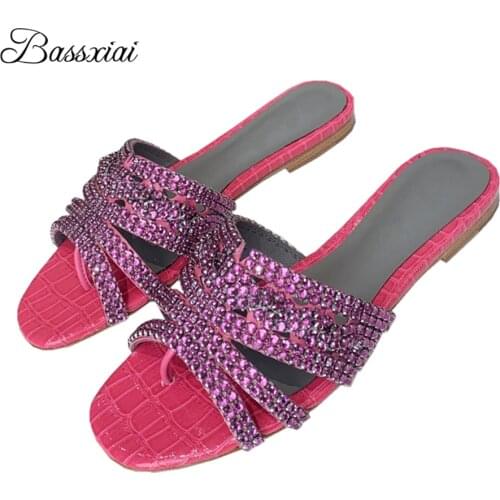 Jeweled Diamond Slippers Women Summer Flat Heel Slip-on Flip Flops Real Leather Fretwork Outwear Mules For Lady