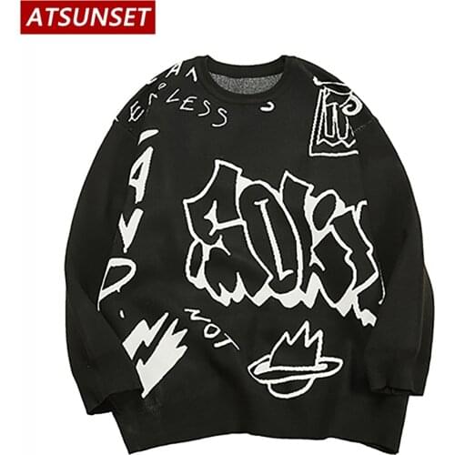ATSUNSET Cartoon Art Graffiti Embroidery Sweater Harajuku Retro Style Knitted Sweater Autumn And Winter Cotton Pullover Tops