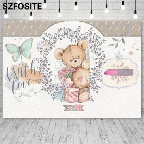 Cartoon Cute Bear Butterfly Flowers Gift Background Girl Birthday Party Table Decoration Photography Photo Kids Vinyl Backdrop