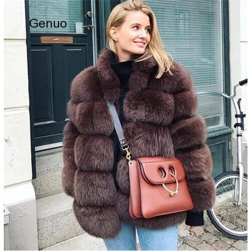 Faux Fox Fur Coat with Fur Collar Women Fake Fox Fur Outwear Warm Coat Pelt Fur Female Jacket Fur Fluffy Luxury Womans Overcoat