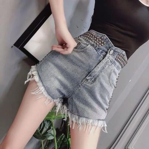 Women 2021 Summer New Fashion High Waist Jeans Shorts Female Chic Ripped Denim Shorts Ladies Casual Rivet Hot Shorts Y75
