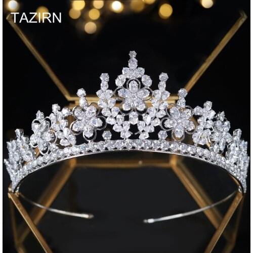 5A Cubic Zirconia Flower Shapes Pageant Princess Queen Crowns Full Zircon Wedding Bridal Tiaras CZ Party Hair Jewelry for Women