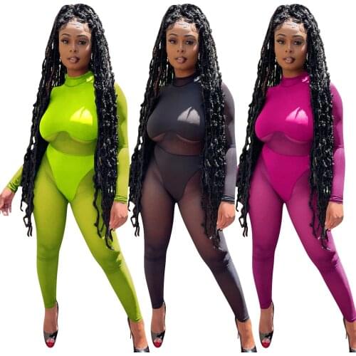 Sexy Sheer Mesh Patchwork Solid Jumpsuit Women Fashion Streetwear O Neck Long Sleeve Leggings Rompers Womens Jumpsuit Overalls