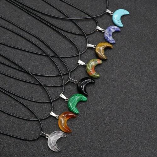 Small Moon Stone Crescent Pendant Choker Collar Reiki Healing Natural Pink Quartz Black Obsidian Chakra Crystal Necklaces Female