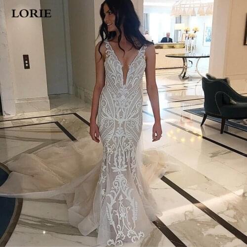 LORIE Sexy Mermaid Wedding Dress Appliqued Lace Deep V Neck Bride Dresses Detachable Train Backless Vestidos de novia