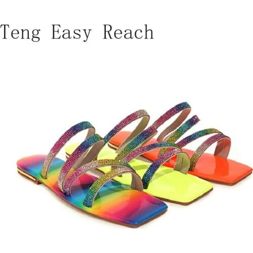 2021 Summer Chic Glitter Bling Orange Rainbow Color Womens Flip Flops Sexy Lady Flats Slippers Shoes Mules Slides