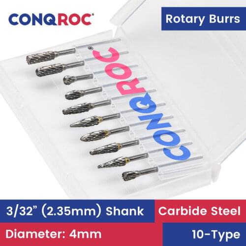 10 Pieces Carbide Milling Cutters Set Cutting Dia 4mm Double Thread Rotary Burrs 3/32" 2.35mm Engraving Bits Shank for Dremel