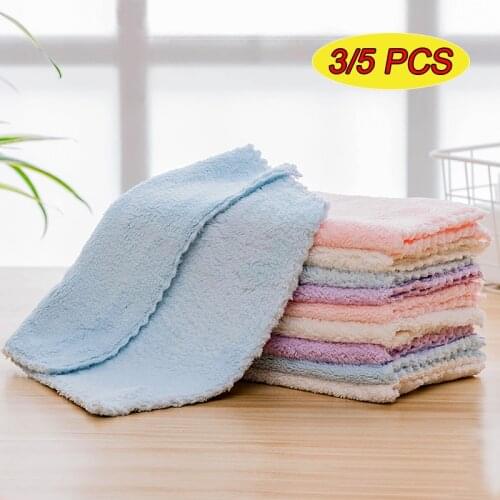 3/5pcs Kitchen Cleaning Rag Household Absorbent Coral Fleece Scouring Pad Bowl Pot Washing Cleaning Towel Dry for Kitchen Rags
