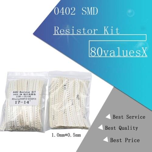 4000PCS 0402 SMD Resistor Kit Assorted Kit 10R~910K ohm 5% 80valuesX 50PCS=4000PCS Sample Kit