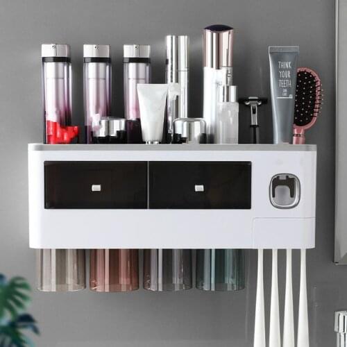 Bathroom Accessories Wall Mounted Toothbrush Holder With Cups Automatic Toothpaste Squeezer For Bathroom Organizer Storage Rack