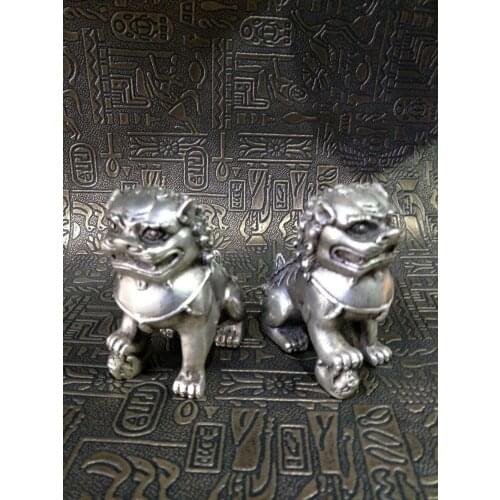Antique QingDynasty silver statue / sculpture---lion,a pair,Hand carved crafts,Decoration,Collection&Adornment