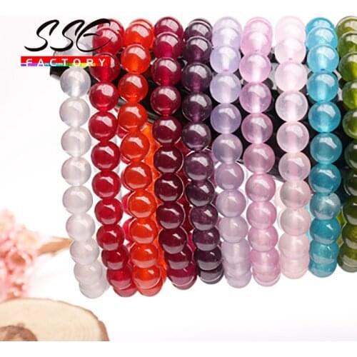 High Quality Blue Red Green Chalcedony Bracelets Color Jades Bangle Natural Stone Round Beads Elasticity Rope Men Women Bracelet