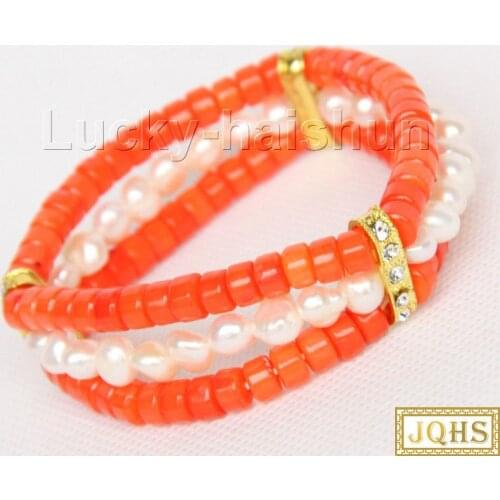 Resilience 19cm 3row White Freshwater Pearls Pink Coral Bracelet J10024