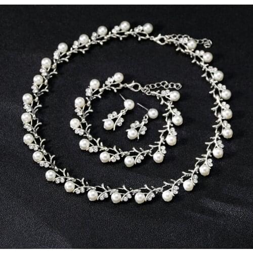 Elegant Pearl Crystal Bridal Jewelry Sets Necklace Bracelet Earrings 3-Pieces/Set for Women Wedding Set Bridal Accessories