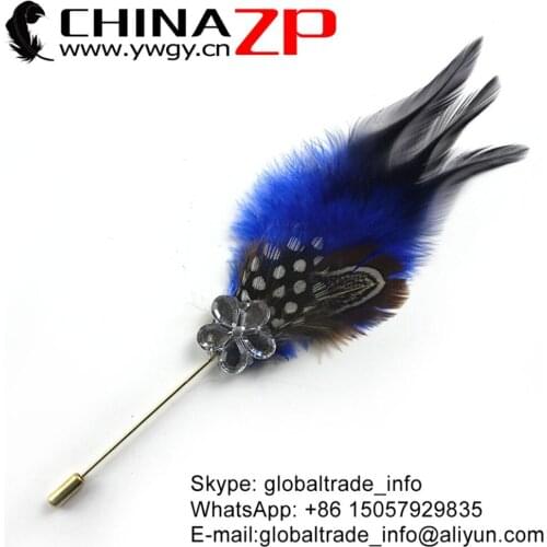 CHINAZP Factory Top Quality Royal Blue Rooster Coque Feathers with Rhinestone Handmade Brooch