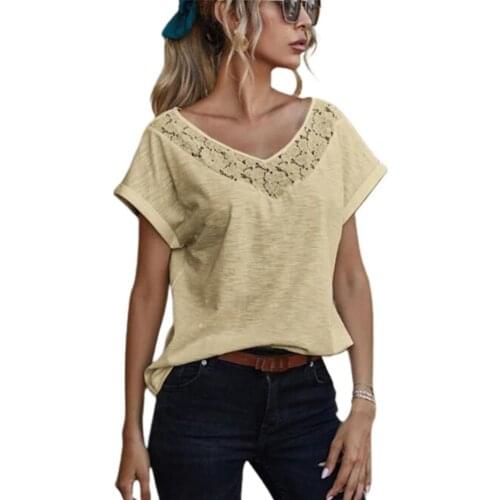 Women T-shirt sexy Lace V Neck Summer Short Sleeve Loose breathable Top Streetwear Womens Clothing 2021
