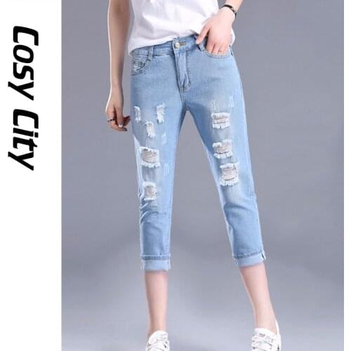 2021 New Summer Fashion Low Waist Capris Ripped Jeans With Elastic Band Pencil Pants For Women Girl Denim Lady Cropped Trousers