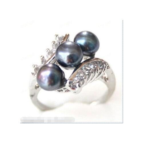 Beautiful Natural Black Freshwater Pearl With Silver Ring Size 6-9