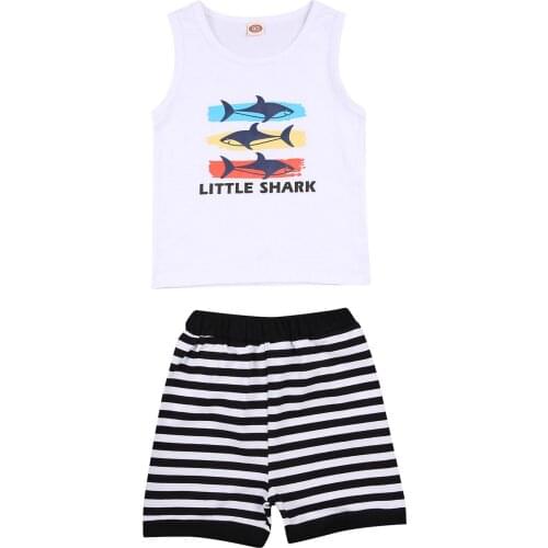 2Pcs Fashionable Little Boys Outfit, Summer Toddlers Round Collar Sleeveless Shark Letter Printing Vest + Striped Shorts Set