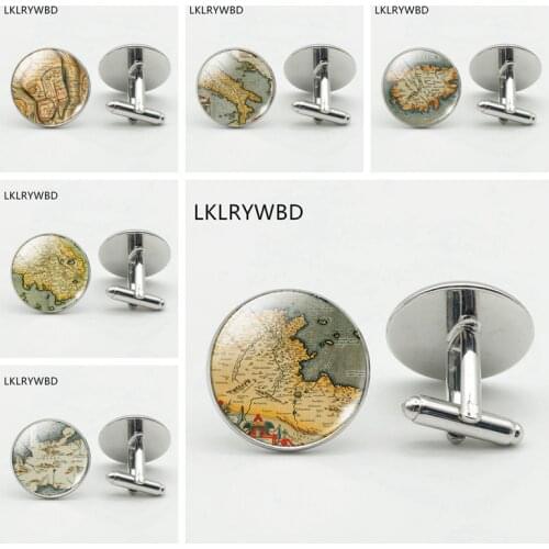 LKLRYWBD / Vintage Map Mens Custom Shirt Cufflinks, Apparel Shirt Button Cufflinks, Round Glass High Quality Cufflinks
