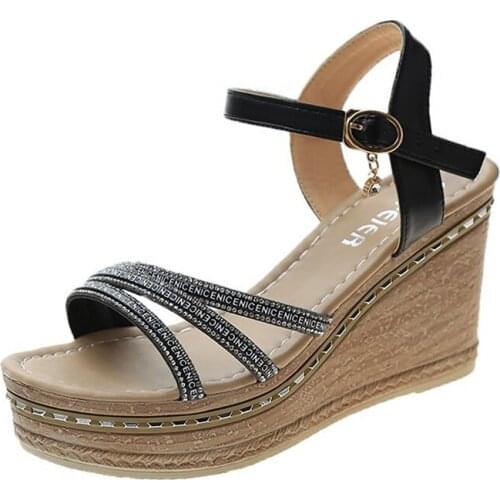 Fashion Women Wedge Sandals New Summer Rhinestone Peep-Toe Buckle Shoes Women Wedges Platform Casual High Heels Shoes Sandals