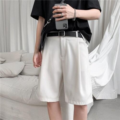 Korean Mens Shorts Straight Fit Knee-Length Suit Pant Solid Beige Black Summer Clothing Student Thin Loose Casual Mens Shorts