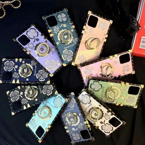 Luxury Individuality Creativity Diamond Clover Square Silicone For Huawei P 30 40 Pro Mate 20 Nova 5 6 7 8 SE Lanyard Back Cover