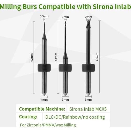 Sirona Milling Burs Compatible with Sirona inlab MCX5 Cad Cam System for Zirconia Blocks with Diamond Coating