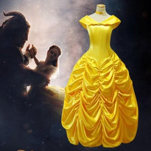 High quality Beauty and Beast Belle Dress Adult Princess Belle Cosplay Costume Fancy Princess Dress OR Wigs Costume Long Dresses