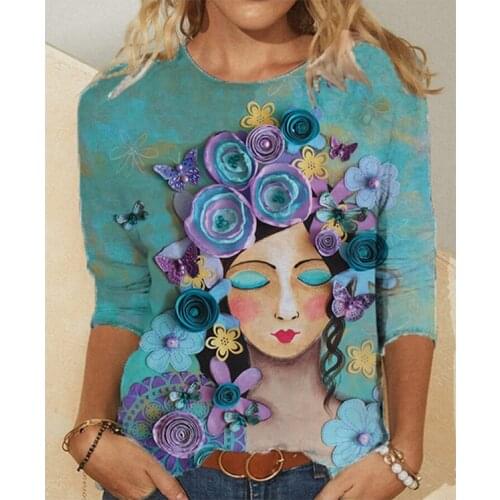 2021 Thin Section Autumn Female Loose Casual Round Neck Long Sleeve Printing T-Shirt All-Match Top Womens Tee Top