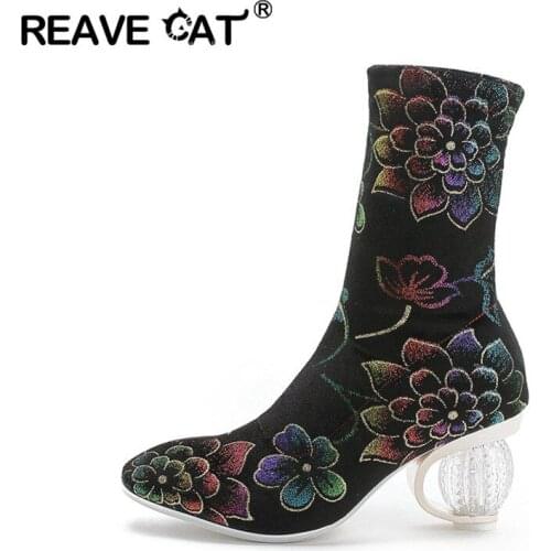 REAVE CAT 2020 Sexy Autumn stretched boots woman ankle boots lady party Boots Round Toe Transparent Clear Heels