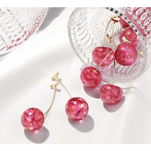 Handmade Pink Cherry Korean Earrings For Women Teens Girls Sweet Cute Resine Dangle Earrings Korean Fashion Jewelry Gifts