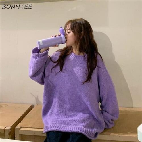 Sweaters Women Pullovers Knitted Oversize Solid O-neck Simple Cozy Drop-shoulder Lazy Leisure Korean Style Students Daily Female