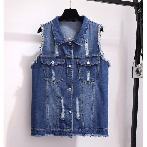 Large Size Women Denim Vest Sleeveless Clothing woman Clothes Loose Plus Size Wear Holes Female Coat Jacket