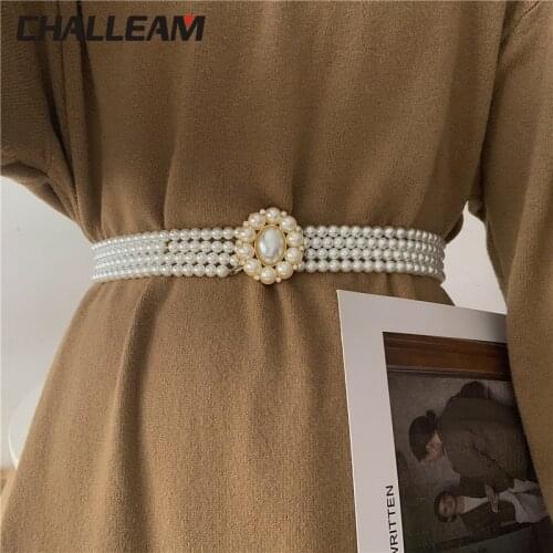 Women Pearls Belt Fashion Elegant Rhinestones Crystal Elastic Chain Belts For Dress Luxury Brand Designer Waist Strap 159
