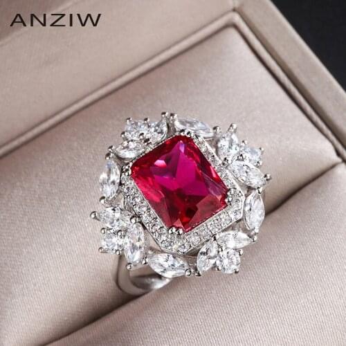 ANZIW Sterling Silver Radiant Cut 8 x10mm Lab Created Ruby Vintage Classic Engagement Ring for Women Jewelry Gifts