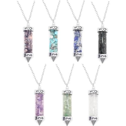 100% Natural Amethyst Quartz Turquoise Gravel Crystal Wishing Bottle Love Pendant Necklace for Valentines Day Gift