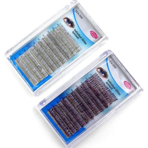 12 Strips Fashion Glitter Eyelash Extensions C Curl 0.15mm Shiny Colorful False Eyelash Silver/Purple Individual Eyelashes