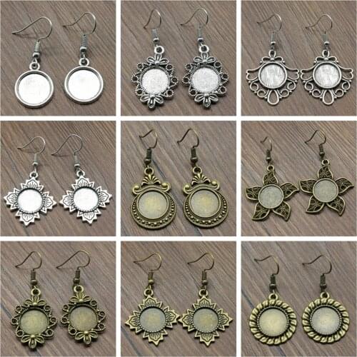 2 Pairs 12mm Round Glass Cabochon Base Setting Earring Blanks Ear Hooks Flower Style Earring Cameo Bezel Tray for Jewelry Making