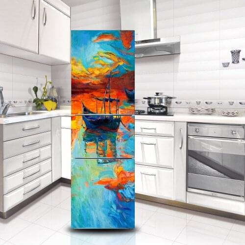 3D Fridge Sticker Refrigerator Wrap Freezer Skin Wall Sticker Home Art Fridge Door Cover Wallpaper Renewable Kitchen Accessories
