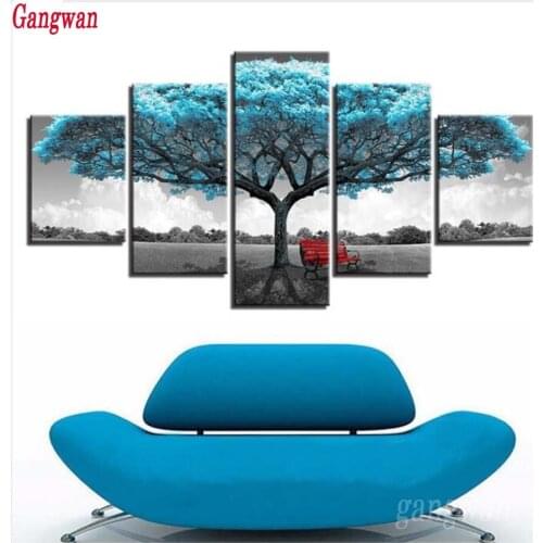 5D DIY Diamond Painting 5 pcs Blue Big Tree Red Chair Abstract landscape Full drill rhinestone Diamond Embroidery Mosaic Decor
