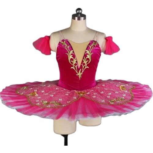 All For Dance Rose Red Velvet Bodice With Gold Diamonds Trim Pre-professional Ballet Pancaked Dance Costume Ballerina Dance Tutu