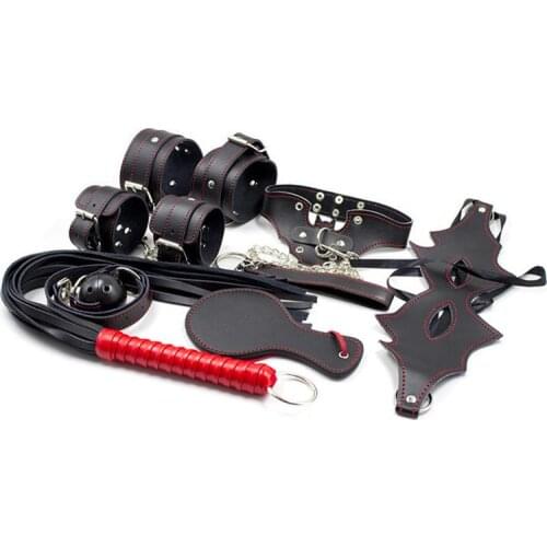 Leather Black Suit Goggles Handcuffs Whips Mouth Gag Genine Leather 8-Piece Bondage Set
