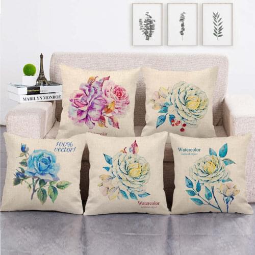 Flowers Linen Cushion Cover Blue Rose Pillow Cases Decorative for Living Room Sofa Couch Decor Sweet Home Accessories 45x45cm