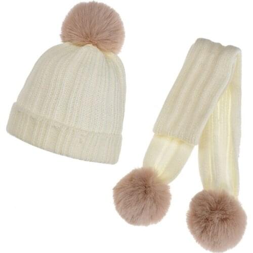 Toddler Kids Winter Warm Knitted 2 Piece Hat and Long Scarf Set Ribbed Striped Solid Color Cute Pompom Cuffed Skull Cap H9ED