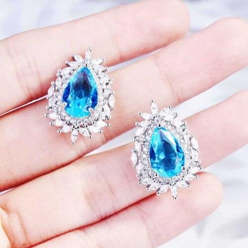 Elegant Water Drop Stud Earrings Luxury Hot Sale Jewelry With Blue Cubic Zircon Silver Ring For Women Wedding Party Charm Gift