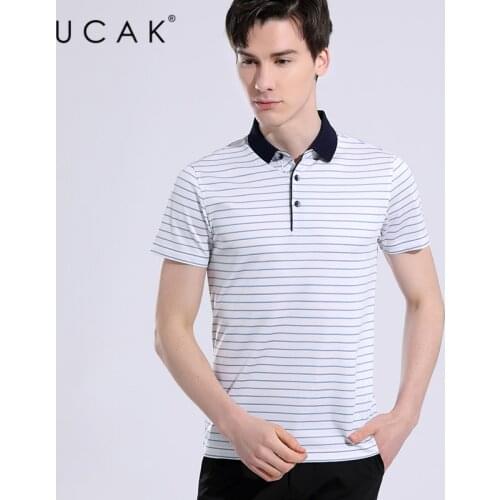 UCAK Brand Classic Turn-down Collar Short Sleeve Pure Silk T Shirt Summer New Tops Streetwear Striped T-Shirt Male Homme U5641